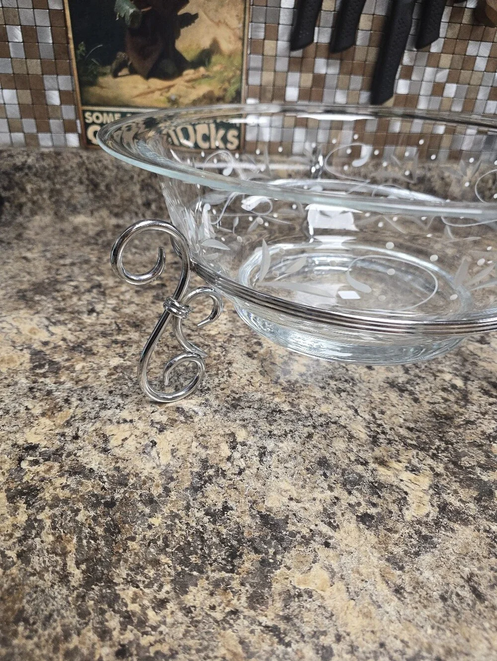Clear Glass Serving Bowl with Silver Stand - Elegant Swirl Design